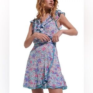 Poupette St Barth Ruffle V Neck Wrap Mini Dress